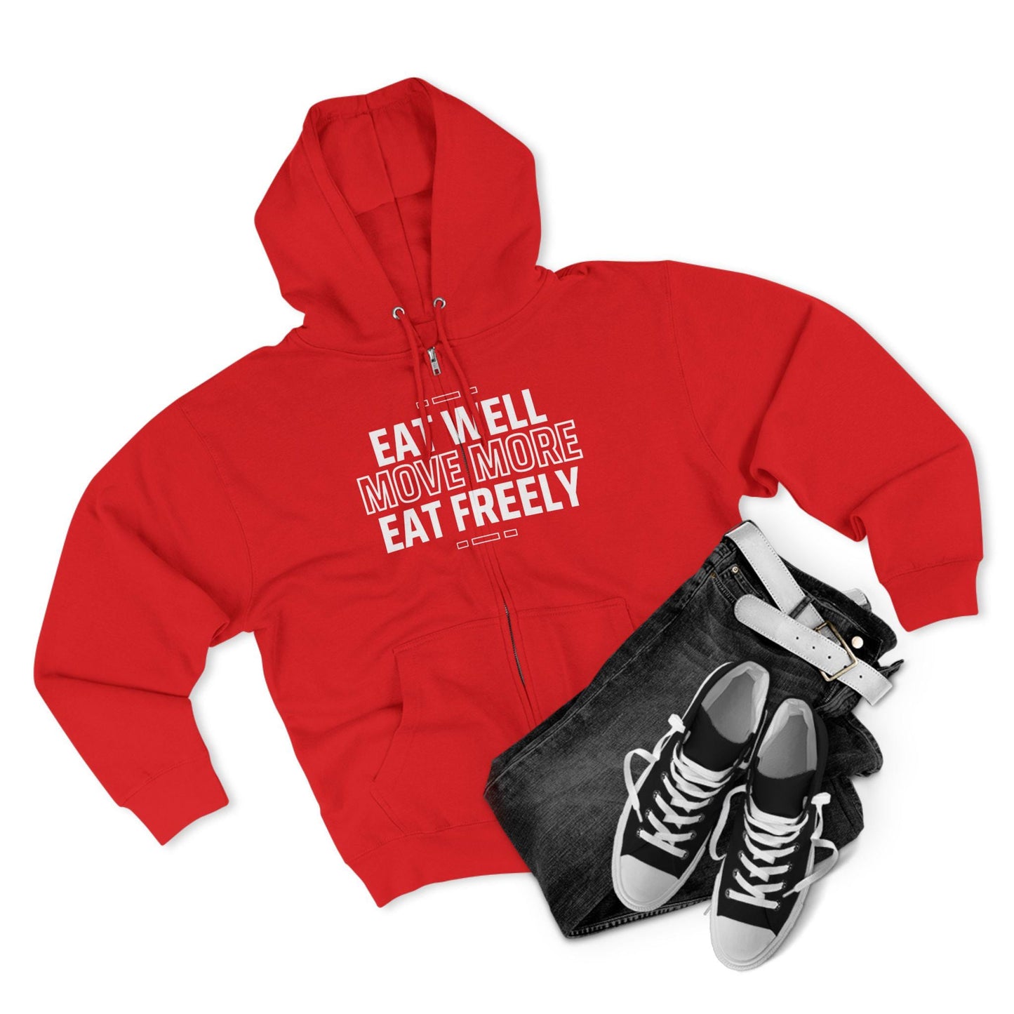 Eat Well Move More Eat Freely Unisex Zip Hoodie Soft Cozy Gym and Yoga Sweatshirt Activewear for Wellness Fitness and Everyday Wear