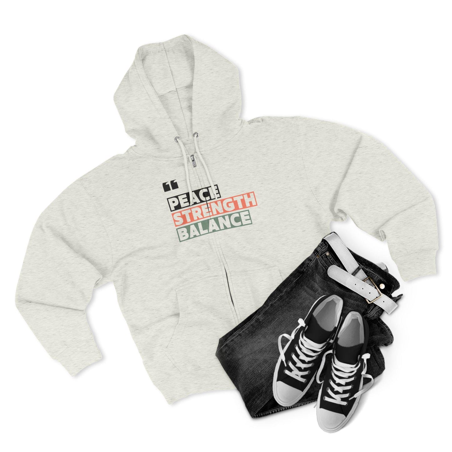 PEACE STRENGTH BALANCE Unisex Zip Hoodie Soft Cotton Blend Gym Yoga and Wellness Sweatshirt Athletic Fit and Cozy Everyday Wear