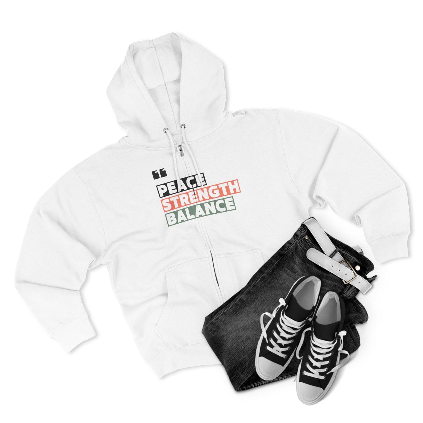 PEACE STRENGTH BALANCE Unisex Zip Hoodie Soft Cotton Blend Gym Yoga and Wellness Sweatshirt Athletic Fit and Cozy Everyday Wear
