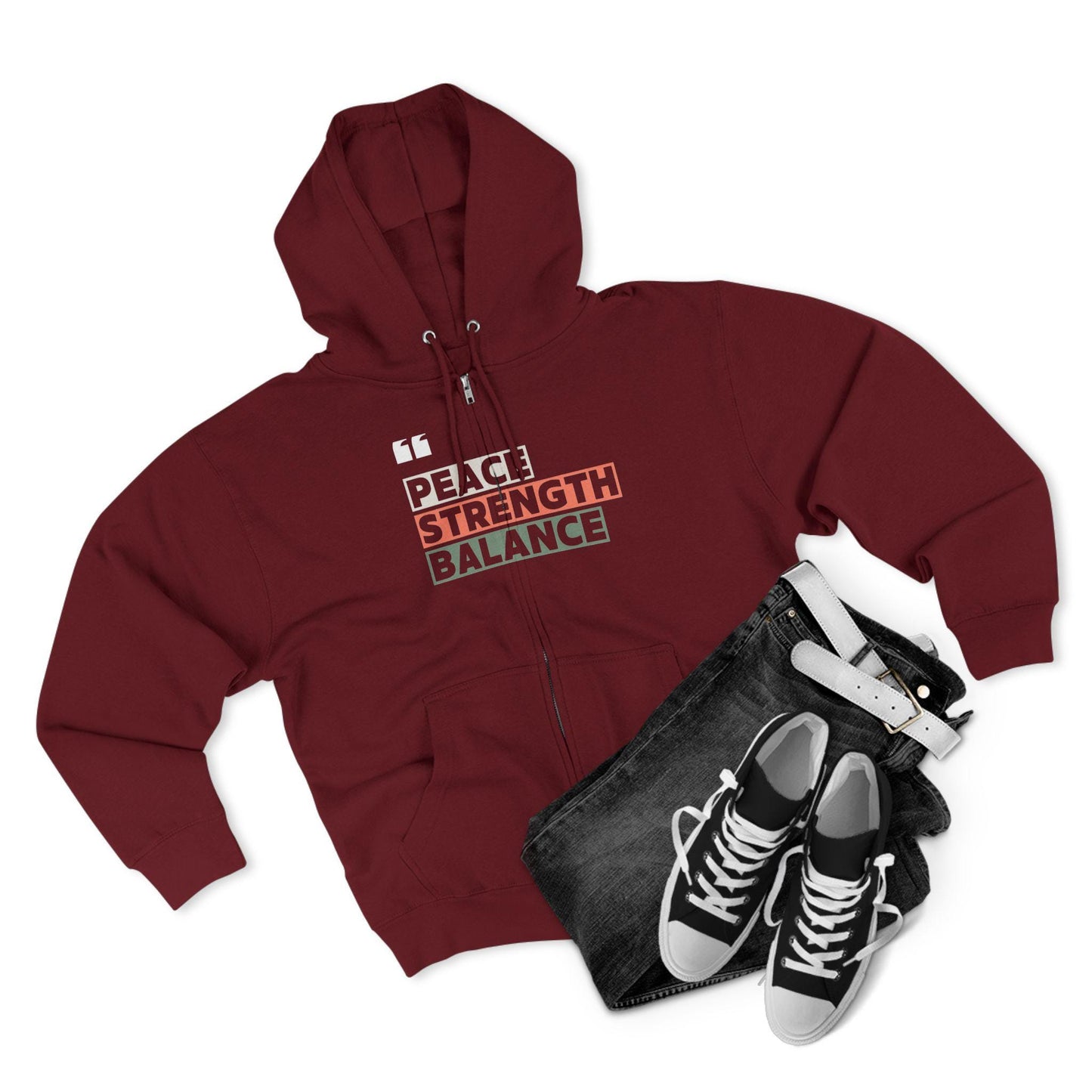 PEACE STRENGTH BALANCE Unisex Zip Hoodie Soft Cotton Blend Gym Yoga and Wellness Sweatshirt Athletic Fit and Cozy Everyday Wear