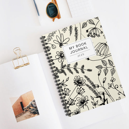 Floral 2025 Journal Black and White Notebook Ruled Line Diary Spiral Bound Planner Elegant Stationery Gift