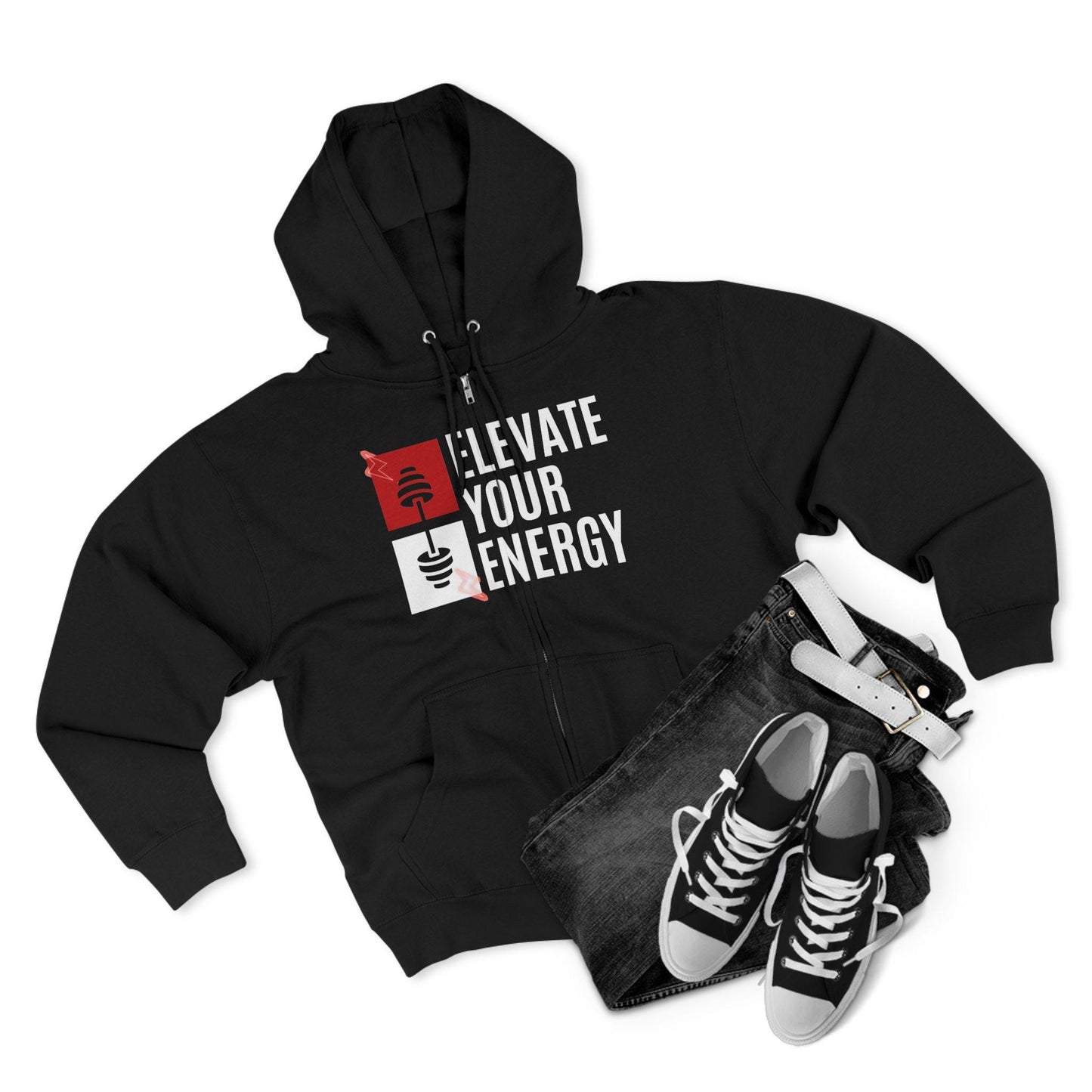 ELEVATE YOUR ENERGY Unisex Zip Hoodie Soft Cotton Blend Gym Yoga and Wellness Sweatshirt Comfortable Athletic Fit and Everyday Wear