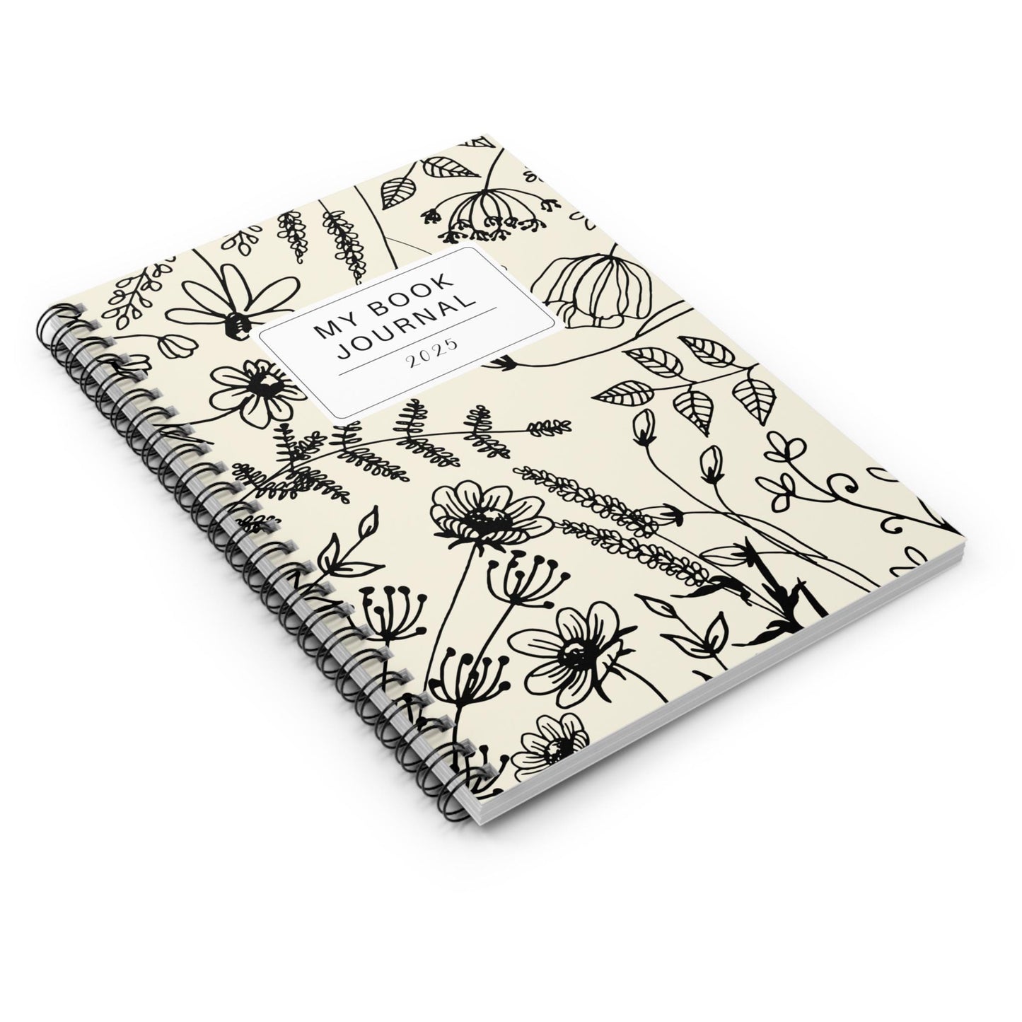 Floral 2025 Journal Black and White Notebook Ruled Line Diary Spiral Bound Planner Elegant Stationery Gift
