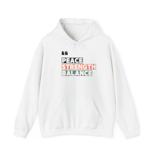 Peace Strength Balance Hoodie – Motivational Gym Sweatshirt – Mindfulness and Wellness Pullover – Cozy Workout Hoodie for Inner Strength