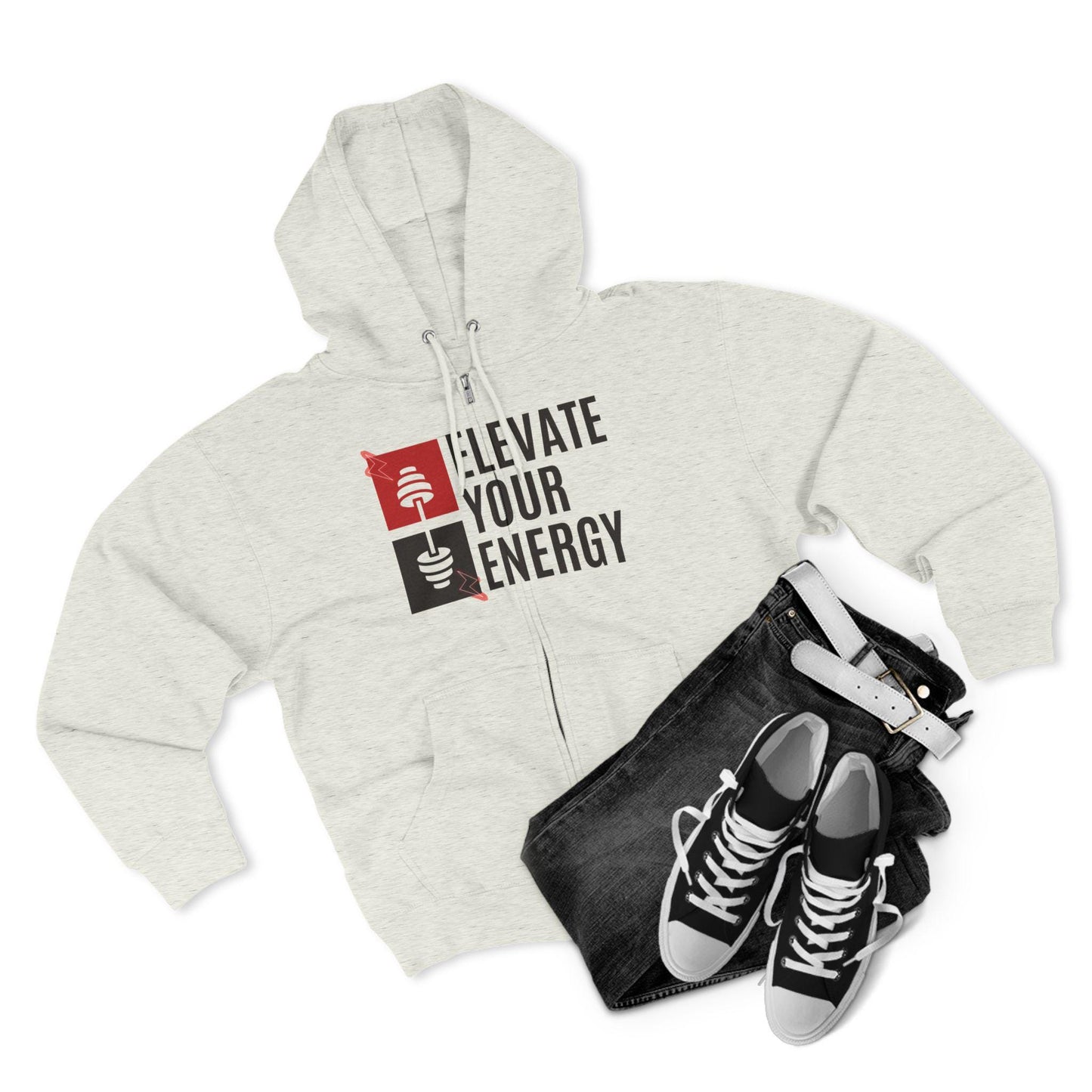 ELEVATE YOUR ENERGY Unisex Zip Hoodie Soft Cotton Blend Gym Yoga and Wellness Sweatshirt Comfortable Athletic Fit and Everyday Wear