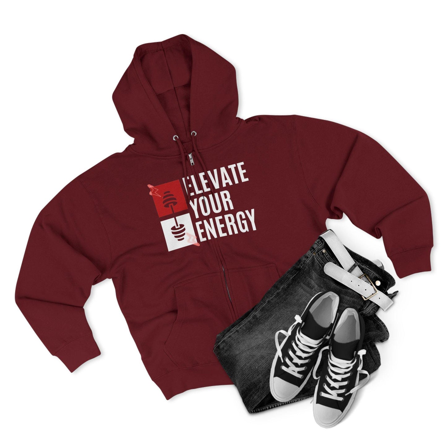 ELEVATE YOUR ENERGY Unisex Zip Hoodie Soft Cotton Blend Gym Yoga and Wellness Sweatshirt Comfortable Athletic Fit and Everyday Wear