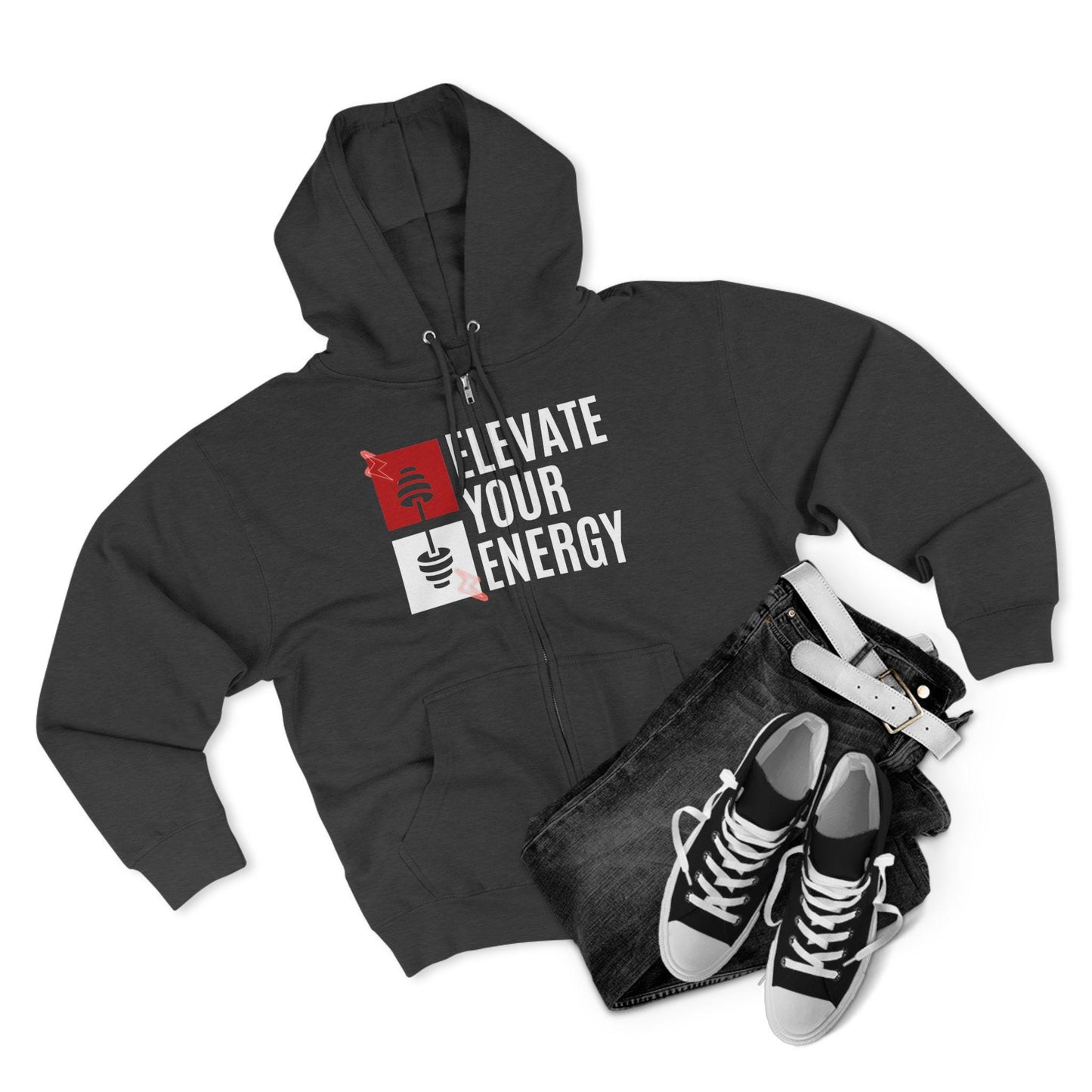 ELEVATE YOUR ENERGY Unisex Zip Hoodie Soft Cotton Blend Gym Yoga and Wellness Sweatshirt Comfortable Athletic Fit and Everyday Wear